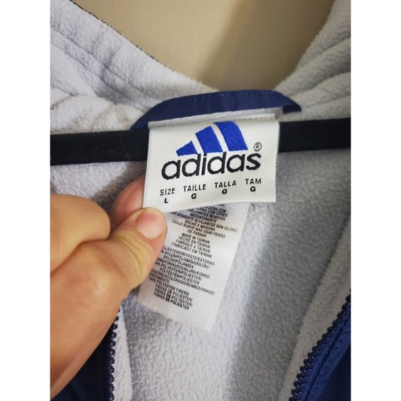 Vtg Adidas Three Stripe Blue Fleece Lined Full Zip Nylon Windbreaker, Size L - Picture 2 of 12
